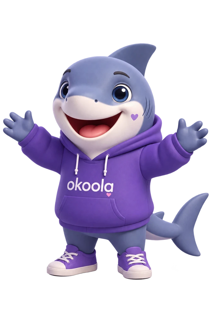 Акула Okoola в фиолетовом худи приветствует новых знакомых